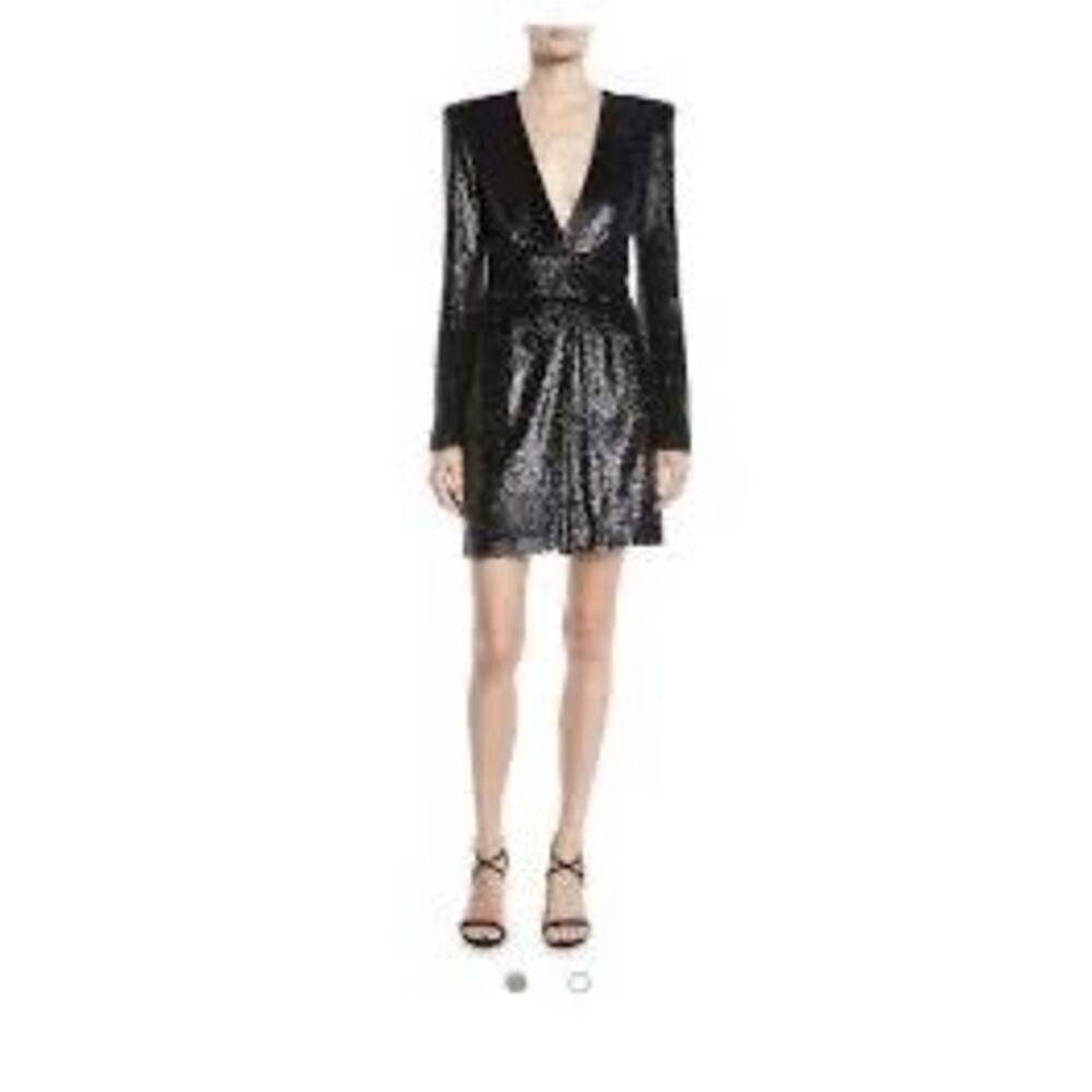 A.C.L. Black Mara Sequined Strong Shoulder Long Sleeve Mini Dress Size 4